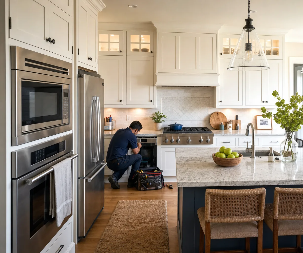 A luxury kitchen with built-in stainless appliances up close