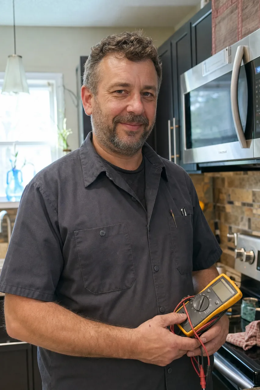 An appliance repair technician in a Darien, CT kitchen holding a multimeter